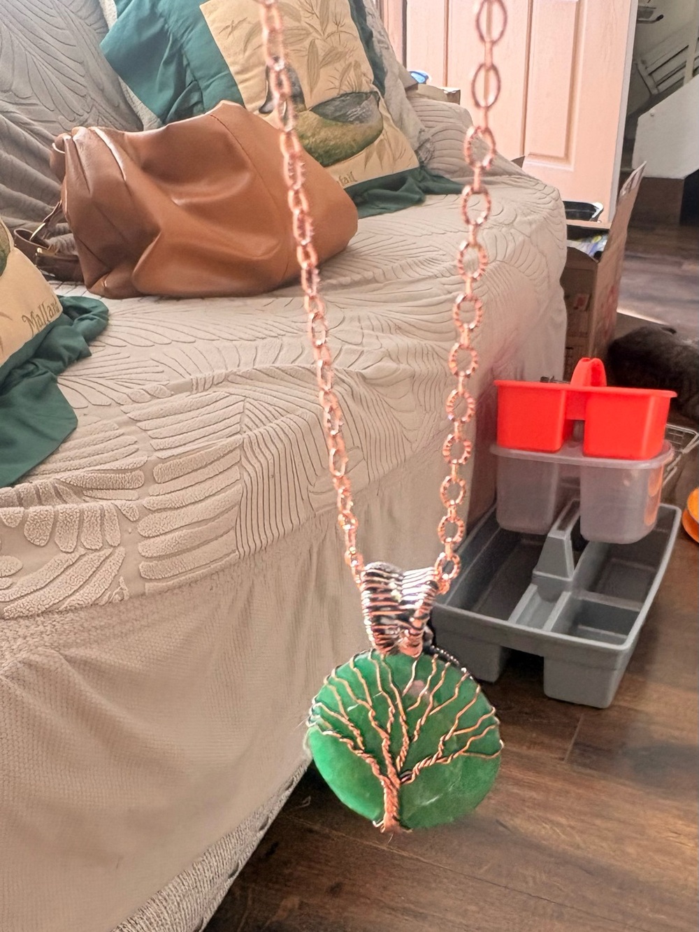 Handcrafted Green Tree of Life Pendant Necklace - Copper Wire